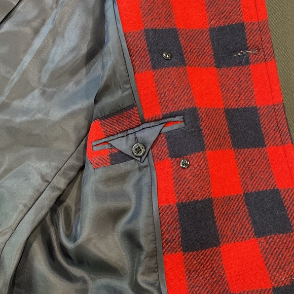 J. Crew 100% Wool Red & Navy Buffalo Check Plaid Pea Coat  Double Buttons Size 2 - Picture 13 of 14